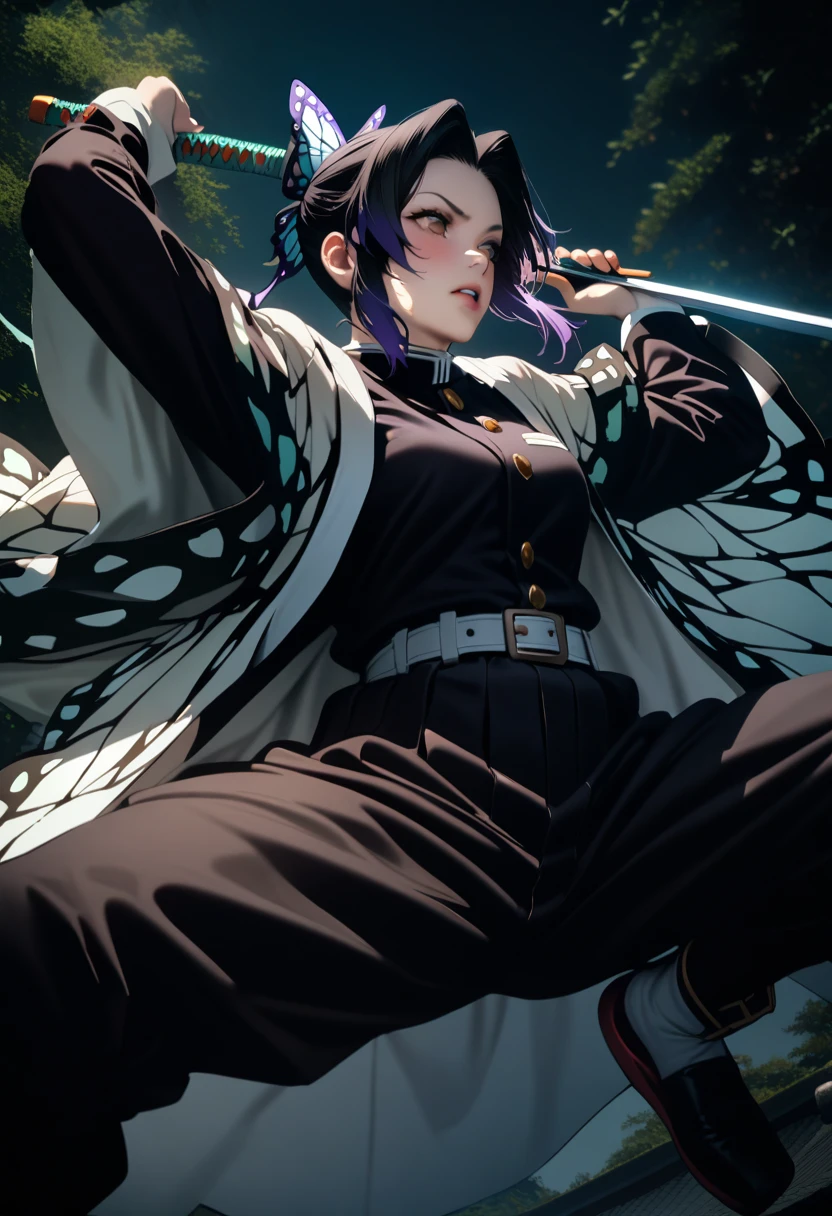 k0ch0ush1n0bu, shinobu kochou, animal print, black hair, butterfly, butterfly hair ornament, butterfly print, forehead, gradient hair, hair ornament, haori, multicolored hair, parted bangs, purple hair, short hair, two-tone hair,belt, black pants, butterfly print, coat, demon slayer uniform, haori, japanese clothes, pants, uniform,,1  japanese muscular girl,perfect hands,perfect anatomy, masterpiece, best quality,realistic, hyperrealistic, 16k hdr,medium breasts,outdoor,night,japanese old garden,(angry:0.8),red blush,dynamic pose,dynamic angle,(jump,in the air:1.2),(from below,spread legs:1.2),(holding japanese sword,butterfly shaped sword guard:1.3) 