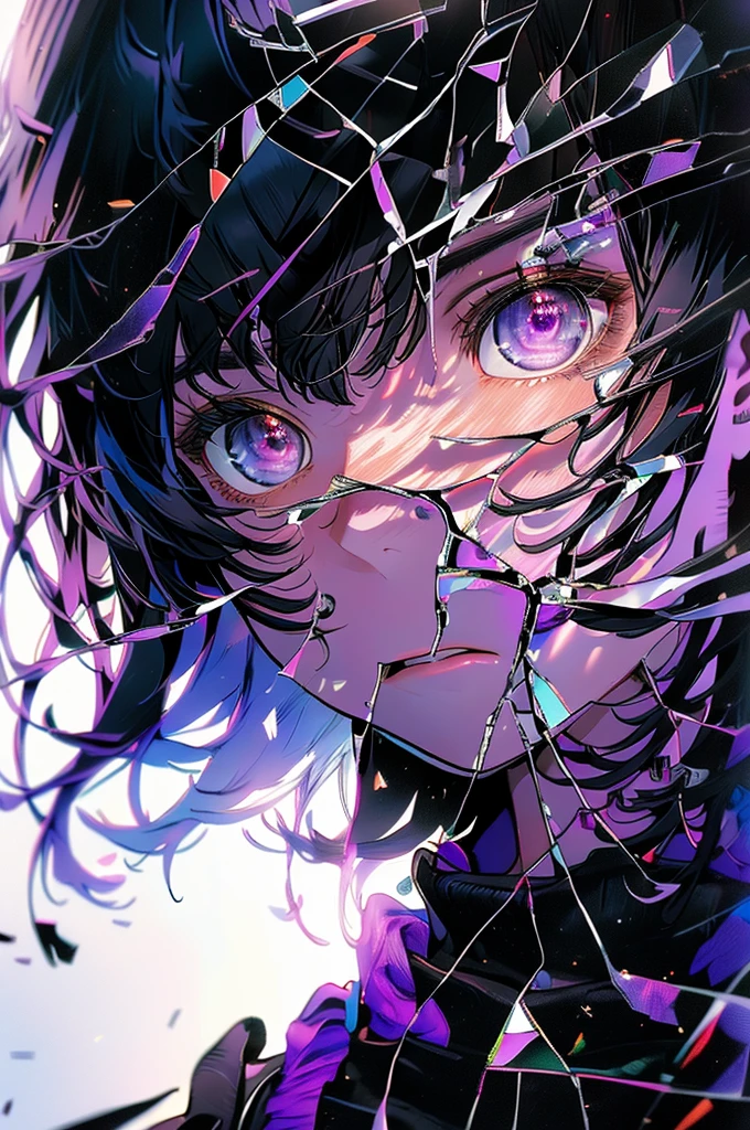 Masterpiece, highres, finely details, female, black hair, with bangs, purple eyes, black clothes, glass., shina mahiiru