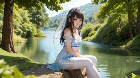 a fairy sitting near the lake made of her fluids