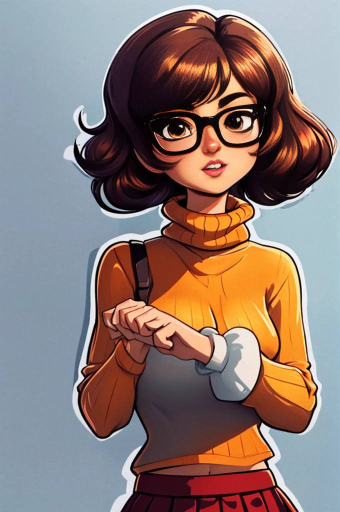 (masterpiece:1.2), (best quality), (ultra detailed), (8k, 4k, intricate),(full-body-shot:1), (highly detailed:1.2),(detailed face:1.2), (detailed background),detailed landscape, ((portrait)), (dynamic pose:1.2)  velma, 1girl, solo, breasts, looking at viewer, short hair, skirt, large breasts, brown hair, brown eyes, pantyhose, pleated skirt, glasses, sweater, turtleneck, ribbed sweater, turtleneck sweater, orange shirt, orange sweater,((upper body))