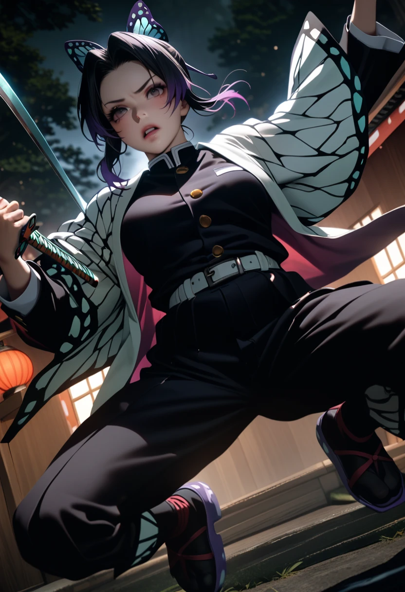 k0ch0ush1n0bu, shinobu kochou, animal print, black hair, butterfly, butterfly hair ornament, butterfly print, forehead, gradient hair, hair ornament, haori, multicolored hair, parted bangs, purple hair, short hair, two-tone hair,belt, black pants, butterfly print, coat, demon slayer uniform, haori, japanese clothes, pants, uniform,,1  japanese muscular girl,perfect hands,perfect anatomy, masterpiece, best quality,realistic, hyperrealistic, 16k hdr,medium breasts,outdoor,night,japanese old garden,(angry:0.8),red blush,dynamic pose,dynamic angle,(jump,in the air:1.2),(from below,spread legs:1.2),(holding japanese sword,butterfly shaped sword guard:1.3) 