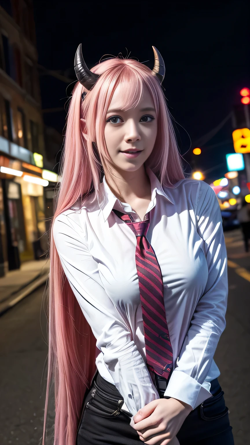 1girl, long pink hair, red horns, white collared shirt, black necktie, light smile, yellow eyes, corneo_power,, buildings,shops,town streets, dark sky, scenery,neon signs,night city, japanese lyrics,, , absurdres, detailed eyes, extremely detailed, volumetric lighting, realistic, realistic lighting, 8k, cinematic lighting, depth of field, perfect, hyper-detailed, photorealistic, ultra realistic, realistic light, hard lighting, intricate details, stop motion, tonemapping, sharp focus, hyper detailed,