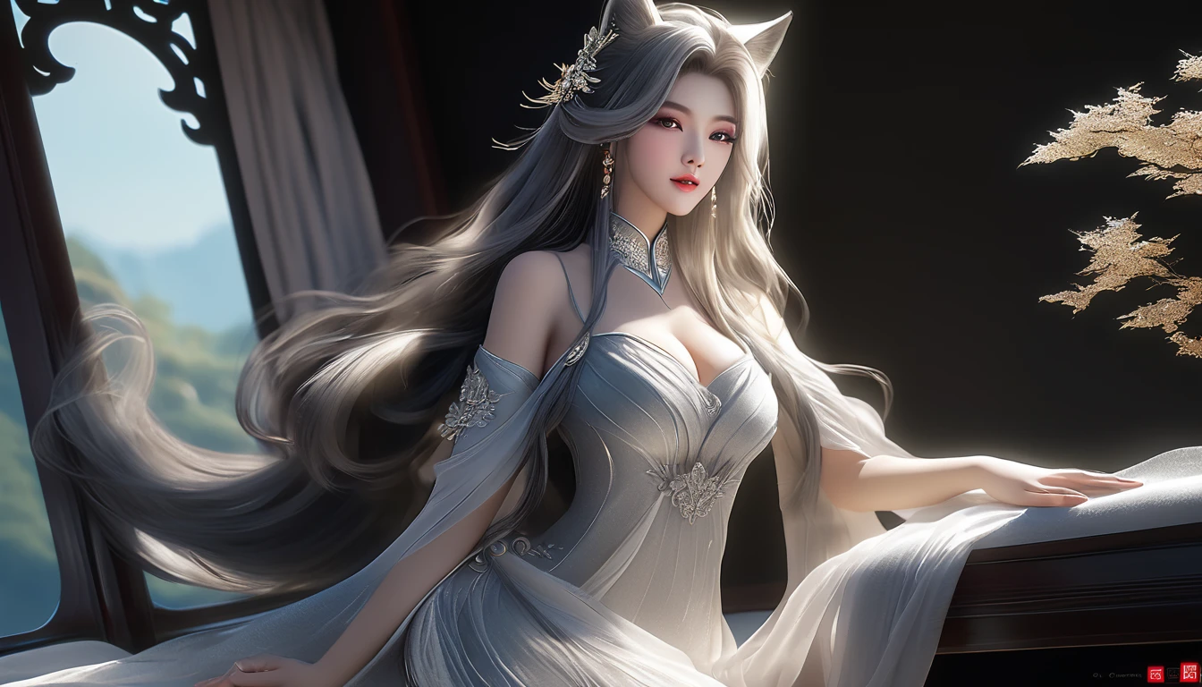 Woman in transparent dress,Viewer,(((Full breasts, Keeley University))),Slim waist,(Navel exposed,Bare waist), Long hair, extreme detailed details, Detailed fantasy art, Stunning character art, Beautiful and exquisite character art, Beautiful transparent dress, Very detailed, Girl wearing flowing Hanfu, Exquisite headpieces and jewellery,Crystal jewelry filigree, galaxy, Stunning visuals, (Dynamic Stripes, light rail:1.2), Vibrant colors,Long hair动漫女孩和fox, Beautiful platinum fox lady, 白毛fox, Beautiful character painting, Beautiful anime portrait, fox耳朵的女孩, a beautiful fox woman, Mystical artwork, Guweiz, by Ren Renfa, fox, Large Breasts，Full breasts，Golden ratio figure，Perfect body，Ultra wide-angle shooting，Full body shot，Body close-up，Full body shot，Wearing a pleated tulle skirt，Soft anime illustration, Soft dark background，Fujifilm XT3 Clear focus, f 5.6, High Detail, Clear focus, Dramatic, (Wearing openwork clothing), (Looking at the audience:1.8), (Natural light), (Tempting)translucent, Good velvet quality, Compared, Divine Light,, Silver gray hair, Sky background, Absolute Strength,Female angels，Girl in sexy silk,，Large Breasts，Full breasts，Golden ratio figure，Perfect body，Ultra wide-angle shooting，Full body shot，Body close-up，Full body shot， Wearing a tulle dress, Model shooting style, Large Breasts，Full breasts，Golden ratio figure，Perfect body，(Extremely detailed CG 8k wallpaper unit), The most beautiful artistic photos in the world, , 8K Ultra HD, ) On the big white bed，Lazy gesture，Charming and seductive expression，best quality,masterpiece,Ultra-high resolution,(Practical:1.4),original photo,Ultra-high resolution，White skin，Exquisite makeup，Long legs，Bright beautiful eyes，用深色眼影打造Exquisite makeup，