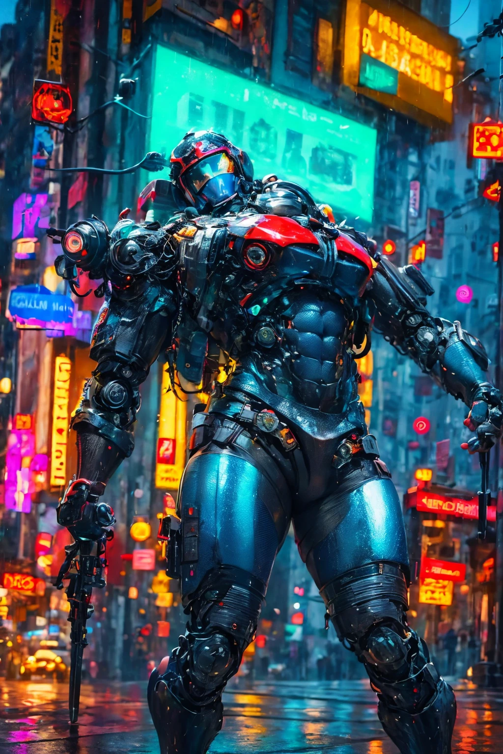 A robot, metal body, neon lights on your body, cables, robotic mechanisms, dynamic pose, (Best Quality,4k,8k,high resolution,Masterpiece:1.2),ultra detailed,(realist,photorealist,fotorrealista:1.37),cinematic lighting,Highly detailed mechanical parts,dynamic action pose,elegant metallic texture,bright neon reflections,intricate robotic features,advanced technology,futuristic cyberpunk,vibrant color palette