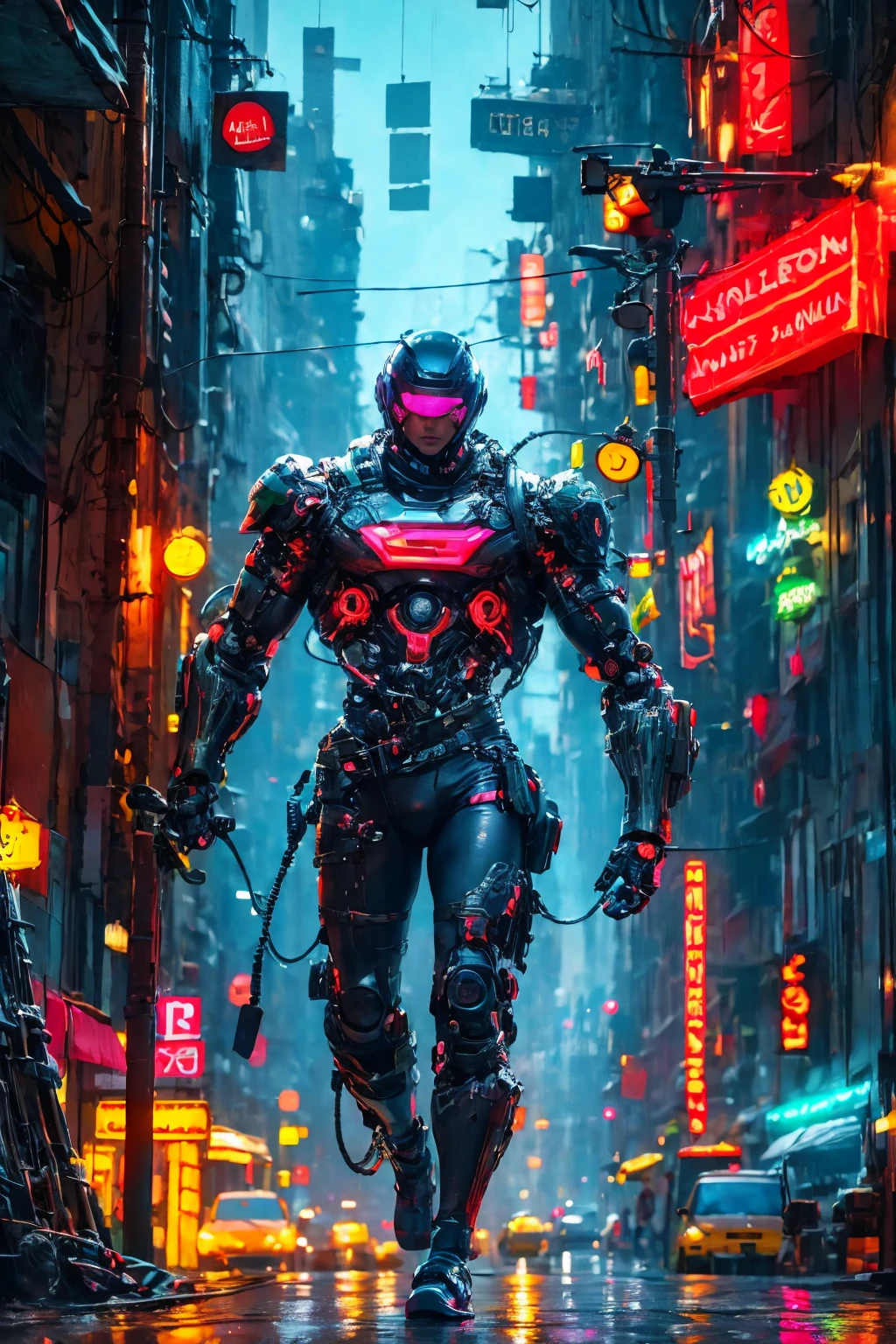 A robot, metal body, neon lights on your body, cables, robotic mechanisms, dynamic pose, (Best Quality,4k,8k,high resolution,Masterpiece:1.2),ultra detailed,(realist,photorealist,fotorrealista:1.37),cinematic lighting,Highly detailed mechanical parts,dynamic action pose,elegant metallic texture,bright neon reflections,intricate robotic features,advanced technology,futuristic cyberpunk,vibrant color palette