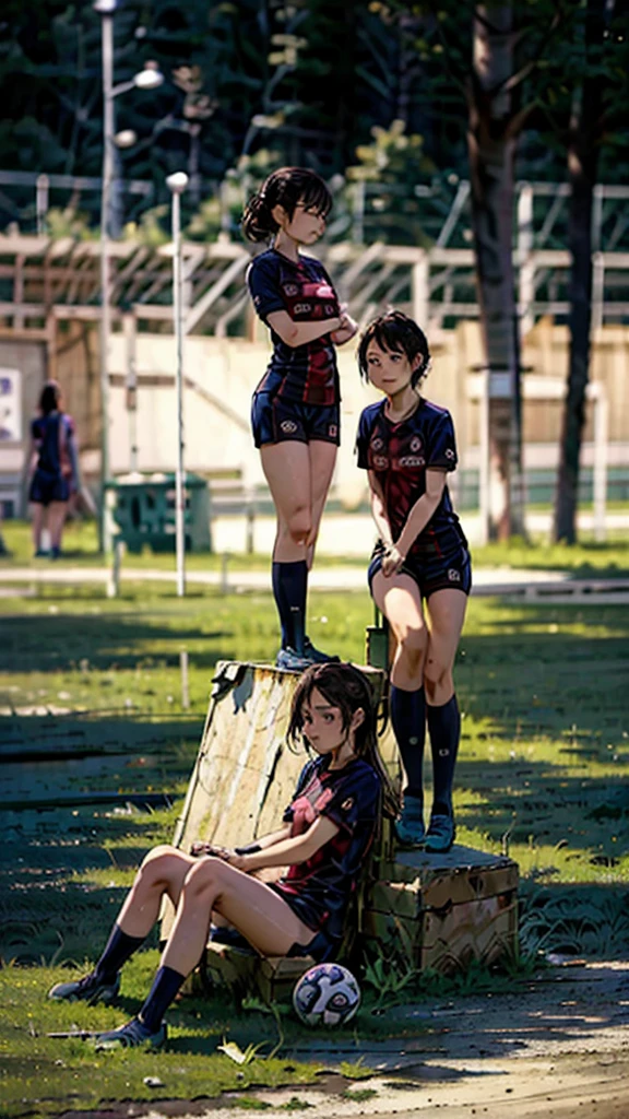 fondo campo de futbol,tres mujeres,foto grupal,sentarse,squat,piernas abiertas,Uniforme rasgado