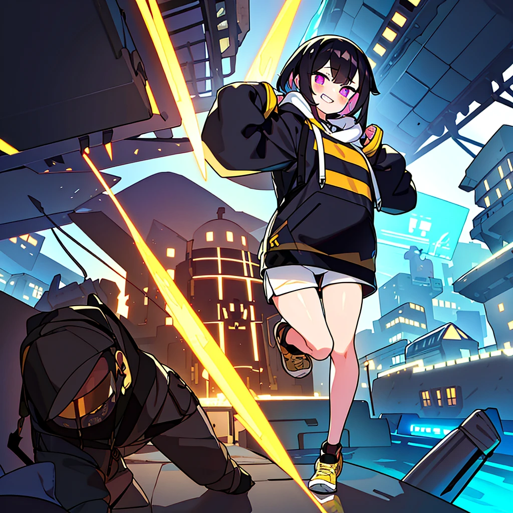 Layered Cut、Piercing in the right ear４t、Oversized hoodie、Shorts、girl、One person、Short ponyte、Black hair gold mesh、Ruck sack, grin, 8k, best quality, highres, UHD