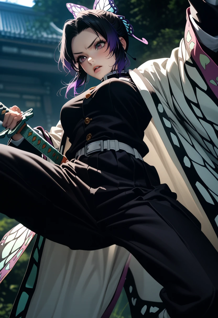 k0ch0ush1n0bu, shinobu kochou, animal print, black hair, butterfly, butterfly hair ornament, butterfly print, forehead, gradient hair, hair ornament, haori, multicolored hair, parted bangs, purple hair, short hair, two-tone hair,belt, black pants, butterfly print, coat, demon slayer uniform, haori, japanese clothes, pants, uniform,,1  japanese muscular girl,perfect hands,perfect anatomy, masterpiece, best quality,realistic, hyperrealistic, 16k hdr,medium breasts,outdoor,night,japanese old garden,(angry:0.8),red blush,dynamic pose,dynamic angle,(jump,in the air:1.2),(from below,spread legs:1.2),(holding japanese sword,butterfly shaped sword guard:1.3) 