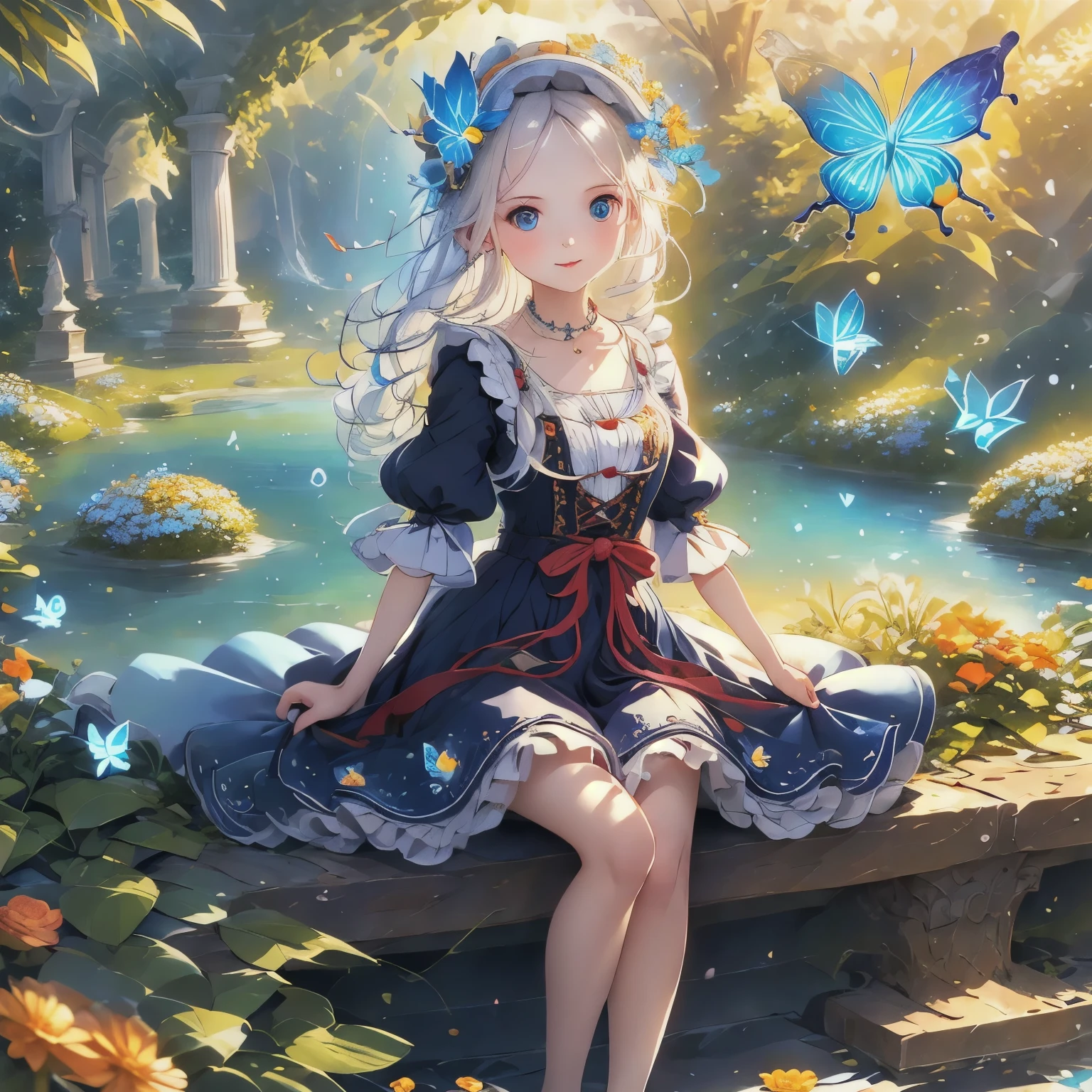 (masterpiece), (best quality), illustration, Extremely detailed, Human Development Report, Depth of Field, (rich and colorful), ,,This is a masterpiece that exudes exceptional quality. The illustration is ultra-detailed, Using HDR technology to create a sense of depth. The theme is original, Beautifully, 和Beautifully艺术品, Vivid colors，Full of fantasy elements. Girl sitting on the seashore, surrounded by running water, The background is a dark blue world tree, Located in the cemetery. The tranquil and dreamy atmosphere gives the whole scene a soulful and charming temperament. Her pale complexion, Blue eyes sparkling, And silver hair dotted with flowers，Create charming portraits. She is wearing Lolita style clothes, Poker face，Mouth tightly shut. Background ranges from white, transparent, Cycle Options, There are also translucent blue butterflies flying around，Adds vitality to the work.