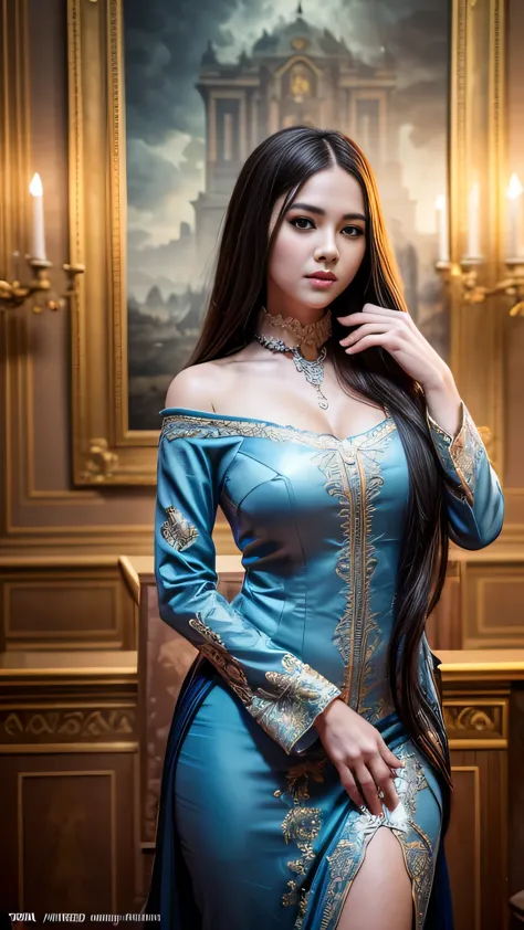 young intricate woman in royal palace, art by ivan aivazovsky, wide angle lens f/2.8, ultra insane high resolution intricate tex...