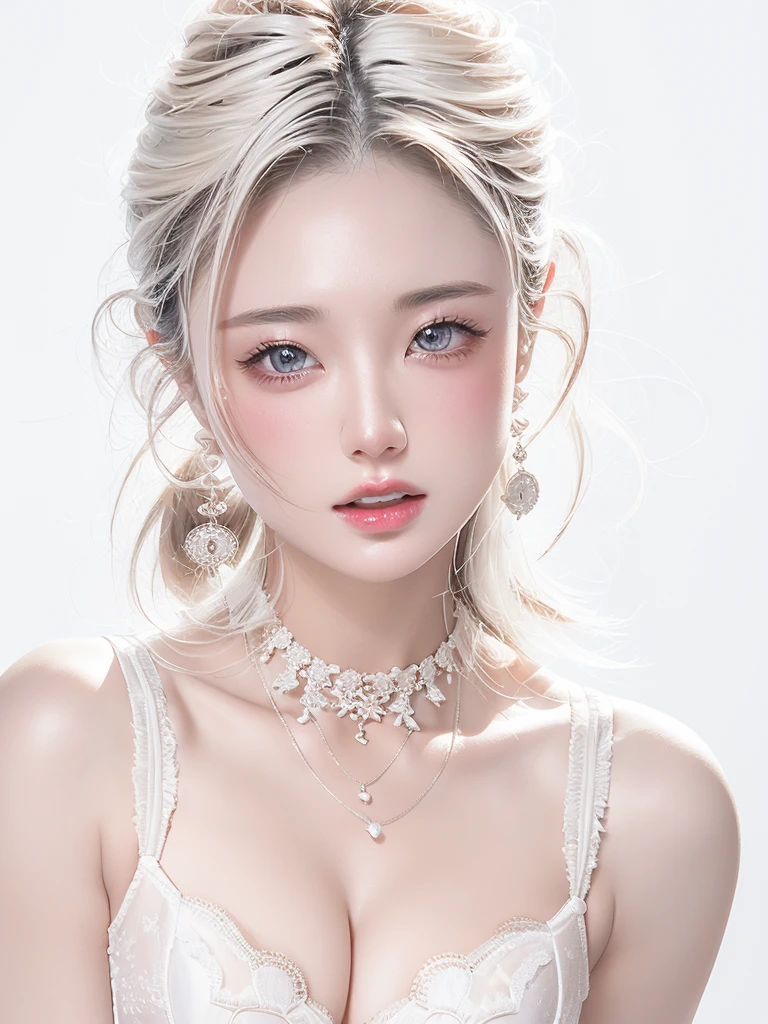 White Background、Professional Lighting、(((Professional Lighting 1.5)))、Translucent skin texture、Beautiful Skin、Beautiful Skin、、(((Whitening 1.5)))、White Bra、See-through、、Ecstasy of Musical Notes、((White Bra1.5))、See-through1.5、Bust up photo、Simple earrings and necklace、Fluttering Hair、