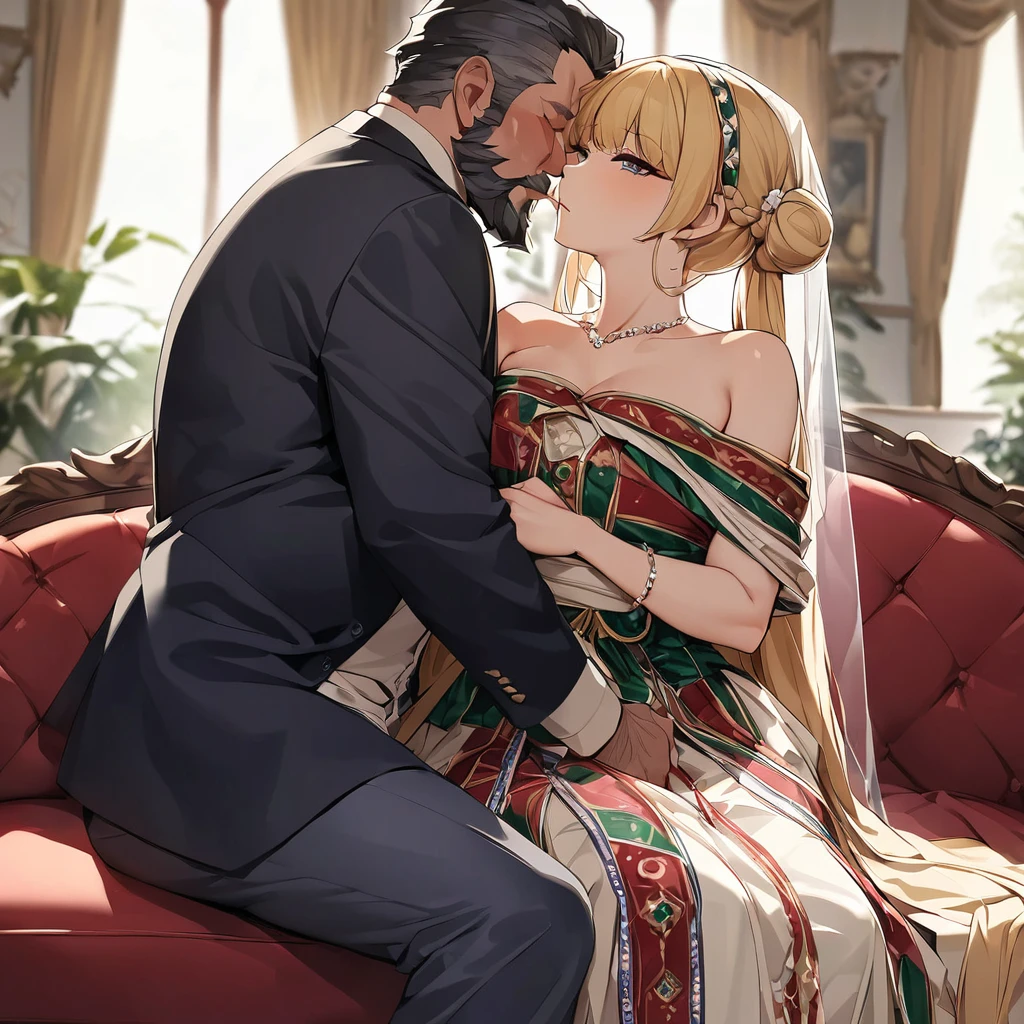 ((Highest quality)), ((masterpiece)), (detailed), （Perfect Face）、The woman is an Italian named Tsukino Usagi, and is wearing a gorgeous, glittering Italian traditional Sardinian costume in a luxurious Italian mansion, a lavishly decorated velvet jacket, a long veil, gorgeous jeweled accessories and an engagement ring. The woman and the man are sitting on a luxurious, large sofa in the luxurious room, and the woman is embracing and kissing the dignified, bearded middle-aged man wearing an Italian traditional costume, making love.、The woman is the elegant Tsukino Usagi, with long blonde hair in a chignon twin tail, wearing a velvet jacket decorated with the Italian national costume of Sardinia, and a long veil.、The man is a dignified, muscular, bearded Italian man dressed in Italian national dress.