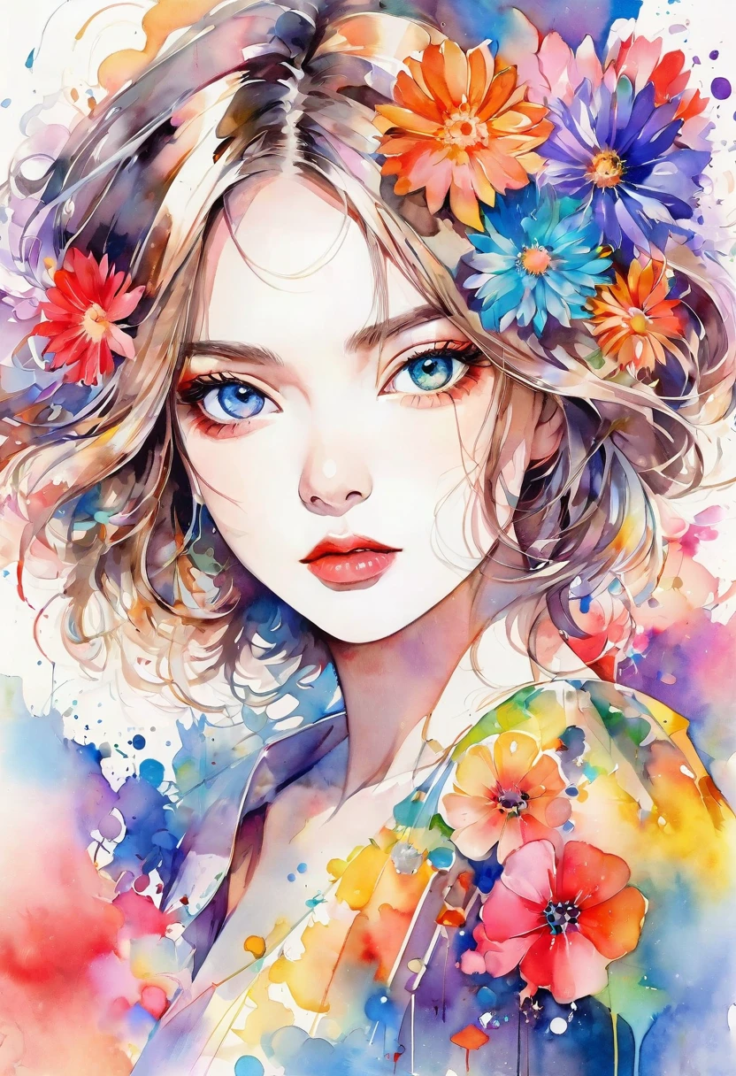 beautiful woman portrait, Sylvia Pelissero watercolors, colorful flowers、beautiful eyes、 abstract art, intense watercolor, watercolor detailed art, watercolor splash, surreal, avant-garde pop art, Beautiful and expressive paintings, Beautiful artwork illustration, very colorful tones, wonderful, cool beauty, highest quality,official art, women only, sharp outline, best shot, vector art, lips in love、 (((The strongest beautiful women of all time))), (((Japanese)))、clear, (((highest quality))), lips in love, HDR, ((Detailed details)), stylish fashion, detailed clothing texture, (((graffiti art))), colorful hair, ((masterpiece))、((Super detailed))