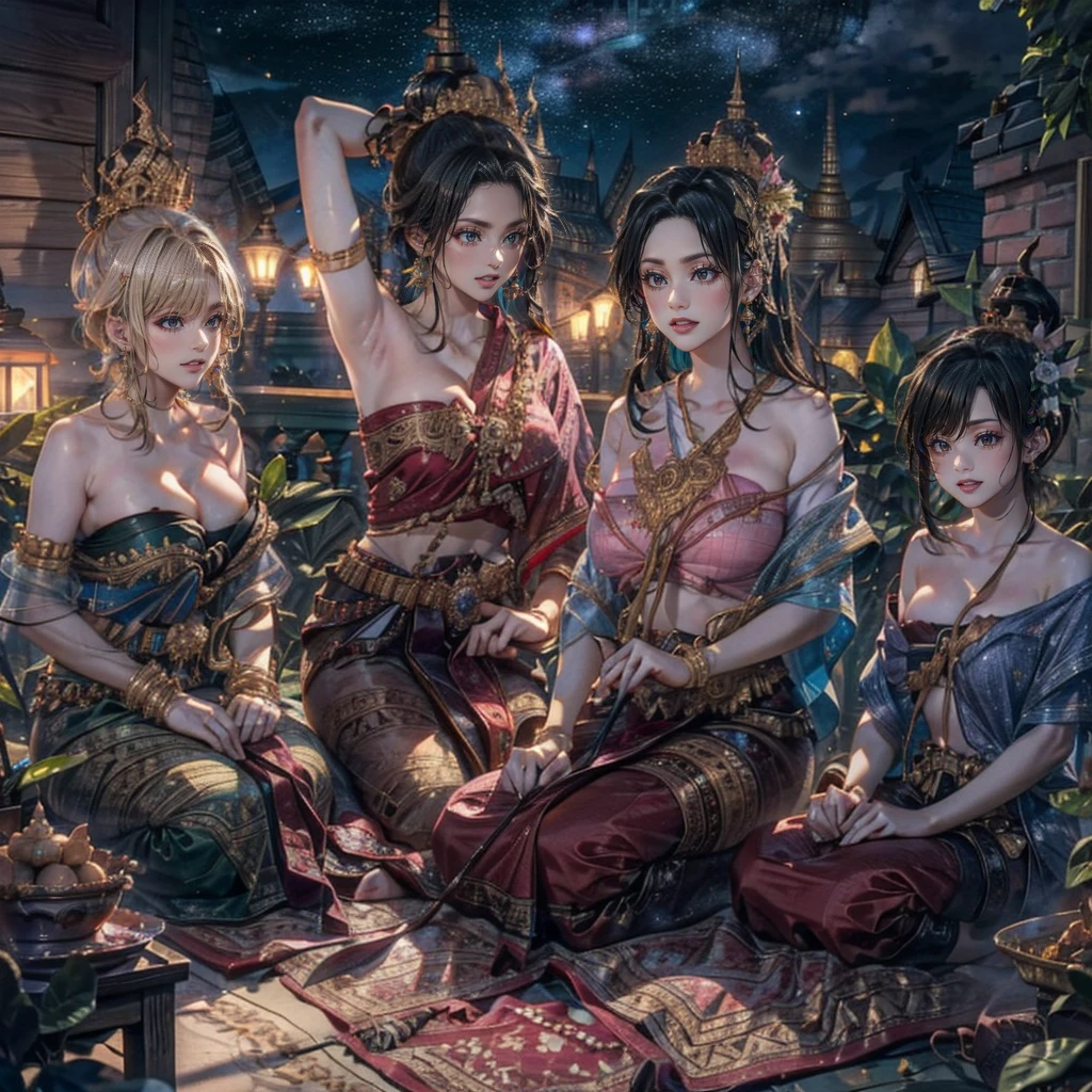 group of five princesses,(five young women,many young women), (in the bedroom), Various hair styles, harem, Wear a strapless Thai dress...., at night, detailed face, big breasts,chest curtain, short skirt, mule, Sleeveless , Show me your armpits.., at night, starry at night,(large areola:1.4,pink,The nipples are clearly visible......),((Various positions)