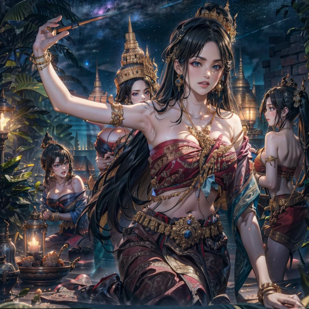 group of five princesses,(five young women,many young women), (in the bedroom), Various hair styles, harem, Wear a strapless Thai dress...., at night, detailed face, big breasts,chest curtain, short skirt, mule, Sleeveless , Show me your armpits.., at night, starry at night,(large areola:1.4,pink,The nipples are clearly visible......),((Various positions)