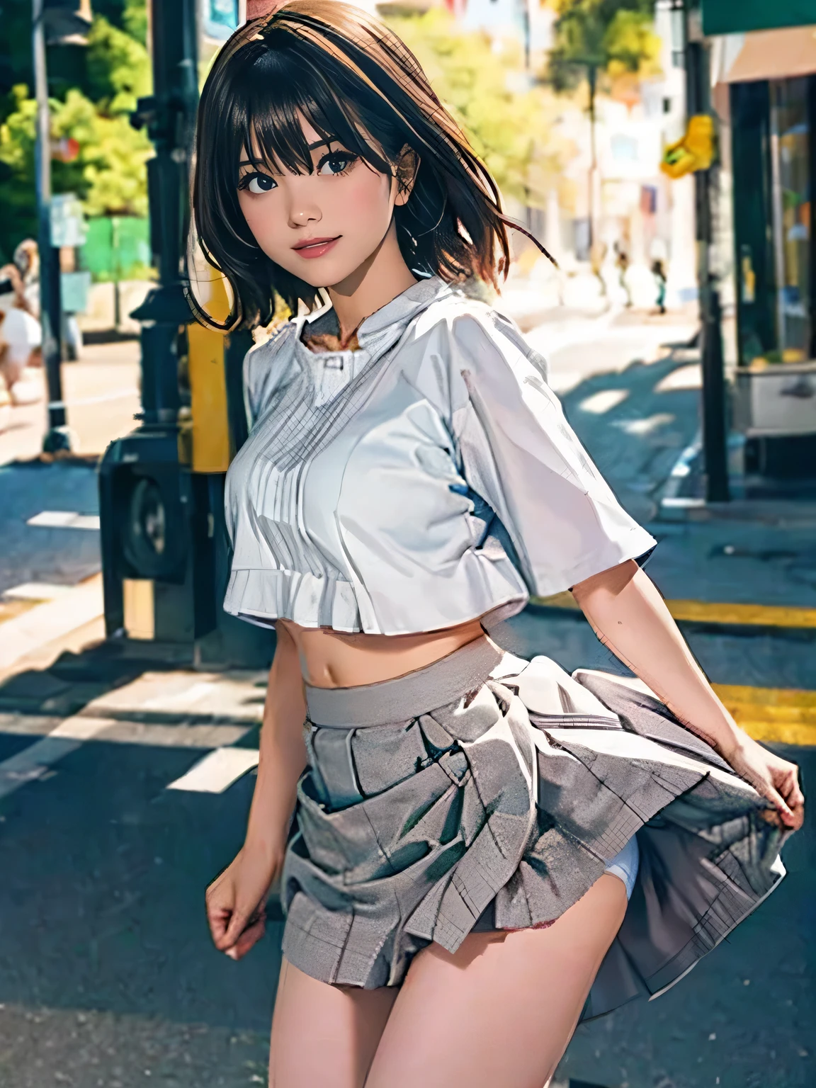 1girl, woman, girl in summer clothes, beautiful, medium breasts, flirtatious look, high res, (1girl eyes looking at viewer:1.55), Plain costumes, Simple Background, Emphasis on the chest, White outfit, whole body, cute face, beautiful face, nipple, light smile, (skirt lift:1.2), skirt lift pov, constricted waist, blush, shy, panties, underwear, 25 years old woman, skirt lift, flipped my skirt, photorealistic, (bokeh), photorealistic, depth of field, best quality, anatomically correct, super detail, textured skin, UHD, 8k