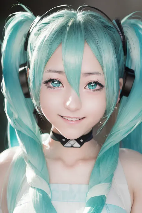 raw photos, ((((extreme beauty portrait))), anime,hatsune miku,upper_body, fine grain,aqua eye,twin tails,masterpiece,highest qu...