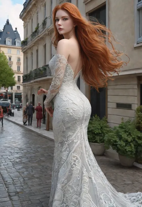 une sublime femme géante rousse marchant délicatement dans la ville ,(une sublime femme géante plus grande que les immeubles), c...