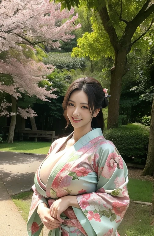 Best quality, masterpiece, ultra high res, in a park, (photorealistic:1.4), smiling, one beautiful woman,),((sweaty)), (kimono), Huge ass，Huge breasts, silk clothes, polite dress, beutiful kimono, front camera