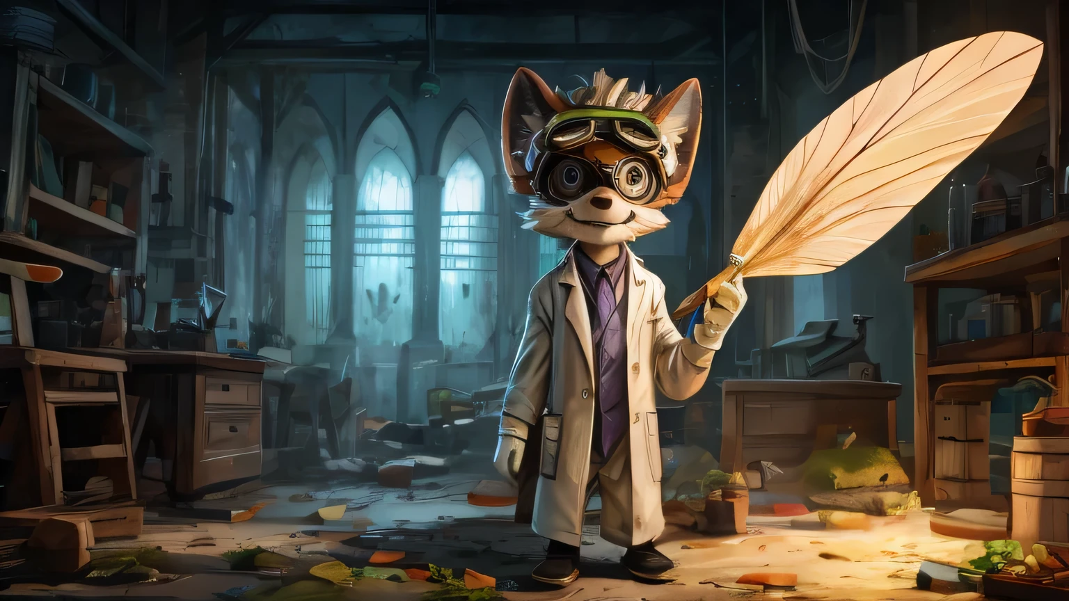 An eerie yet cute 10-year-old boy. Wearing a dirty lab coat, gloves, mask, and goggles. Messy hair with some parts resembling mold and mushrooms growing on his head. Flies buzzing around him, and parts of his body have a decaying texture. Long and thin limbs, with an eerie smile on his face.