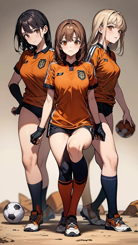 three woman,group shot,squat,open legs,torn uniform,background soccer field,orange color