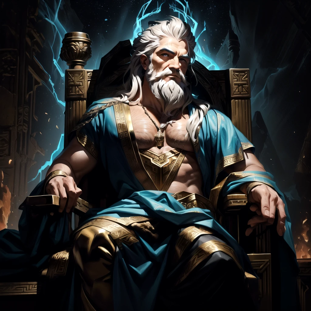 arafed image of a man sitting in a throne with a fire in his hand, furious god zeus, the god zeus, the god hades, epic scene of zeus, greek god, the god poseidon, ancient god, painted portrait of rugged zeus, ancient blacksmith god, father time, the god hephaestus, greek myth digital painting, norse god