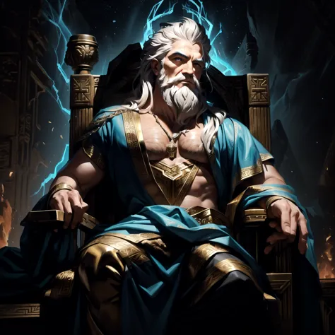 arafed image of a man sitting in a throne with a fire in his hand, furious god zeus, the god zeus, the god hades, epic scene of ...