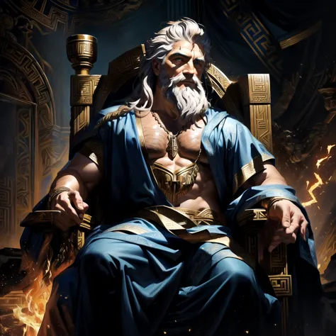 arafed image of a man sitting in a throne with a fire in his hand, furious god zeus, the god zeus, the god hades, epic scene of ...