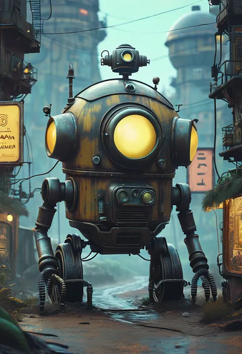 machinarium by simon stalenhag, fantasy, matte painting, beautiful, highly detailed, dynamic pose, cinematic, centered, intricat...