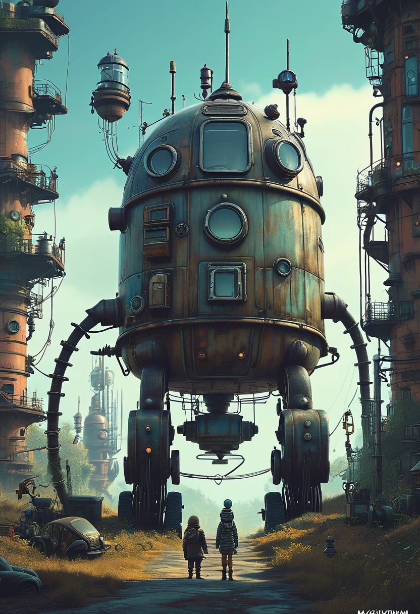 Machinarium de Simon Stalenhag, fantasia, pintura fosca, lindo, Altamente detalhado, pose dinâmica, cinematic, centrado, Intrincado, hiperrealista, arte conceitual, fotorrealista, renderização de octanagem, Grão de filme 35mm, Bokeh, renderização irreal do motor, ilustração, tendências no artstation