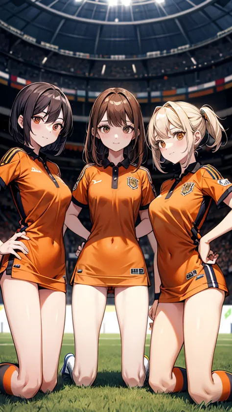 three woman,group shot,squat,open legs,torn uniform,background soccer field,orange color