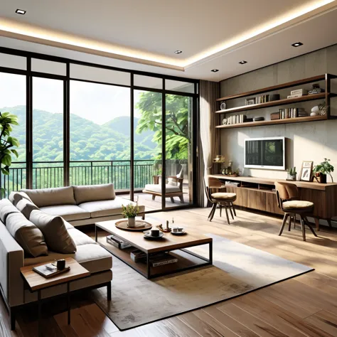 Real、Realistic、Stylish living room、sofa、Chair、table、I can see outside