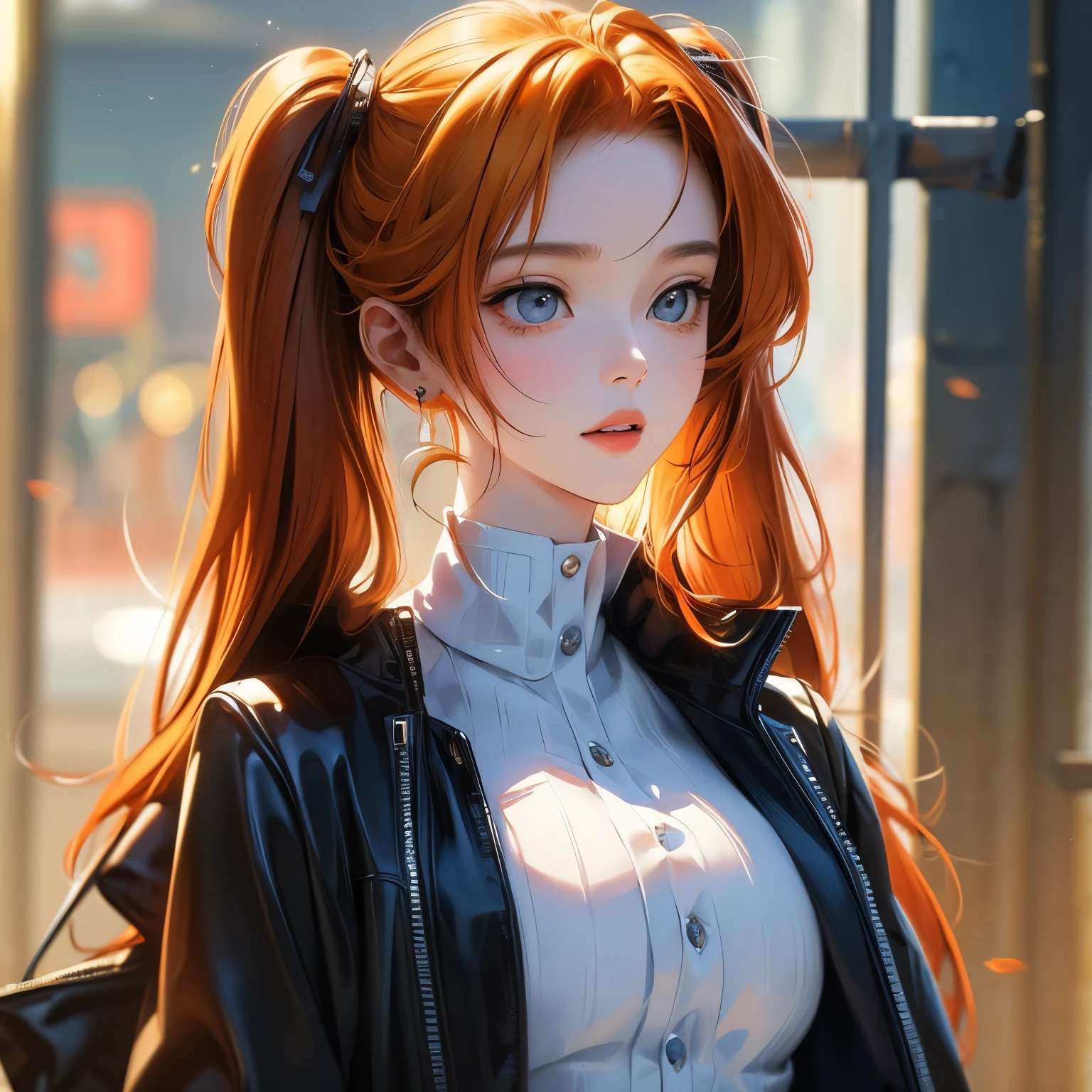 Old body portrait of a beautiful girl、Delicate、detaileds、​masterpiece、Real Stick、3D background、Backgrounds with depth、Realistically exaggerate changes in material texture、Exaggeration of gloss、The best transcendental virtuosity、twin tails、orange hair color、grey clothes