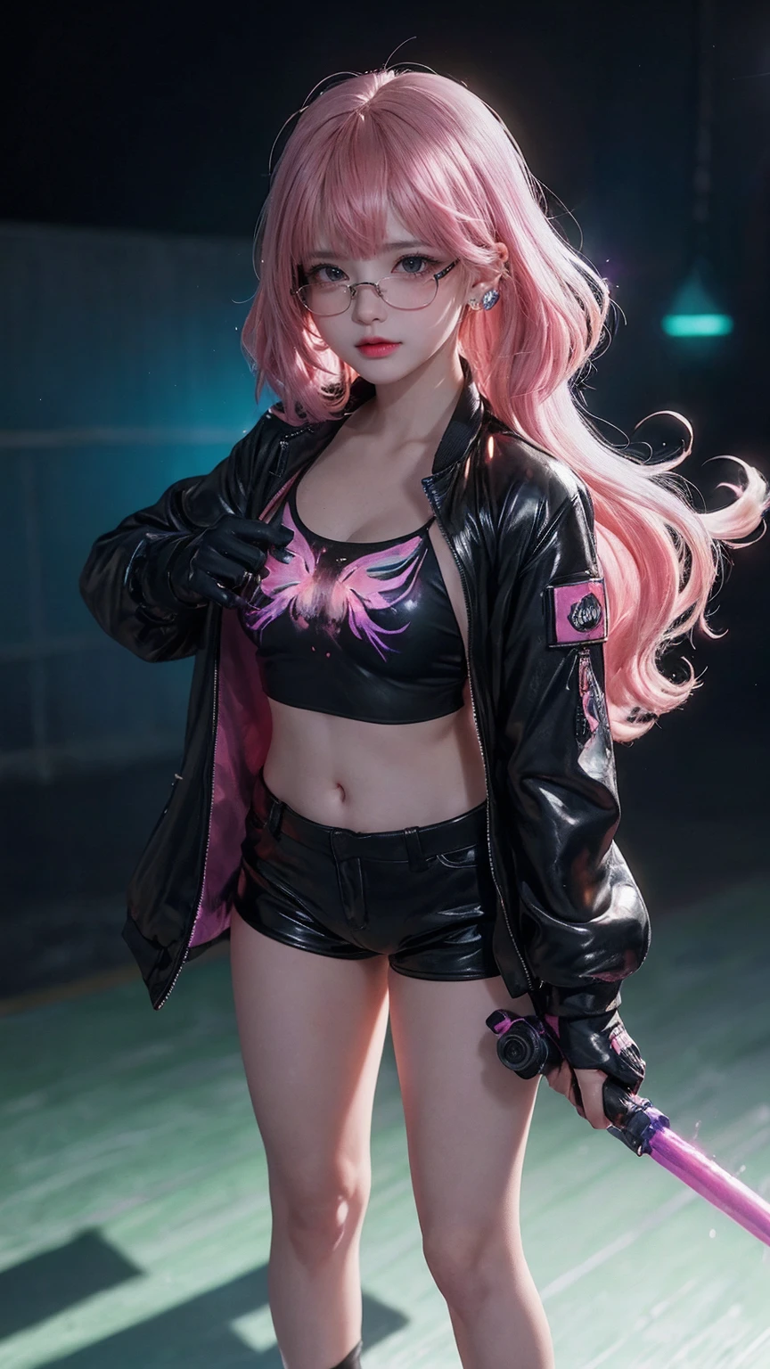 full body, 1girl, loli, solo, Eye focus,Masterfully crafted Glow, pink lens flare, Cinematic background,colourful, hyper details, hdr, ultra detailed eyes, mature, plump, rainbow painting drops,(supermodel:1.3), made up from paint, entirely paint, splat, splash, indoors, (bioluminescent hair:1.1),(glowing eyes),  ((makeup)), fierce, powerful, splashes of colour absolutely eye-catching, dynamic angle, beautiful detailed glow, ambient occlusion, ambient light, raytraced reflections, retro style, living arcade characters, arcade style world, gloves, jacket,weapon, shorts, black gloves, black jacket, gun, drill hair, black shorts, eyewear on head, bubble blowing, chewing gum, (Cute face:1.3), 