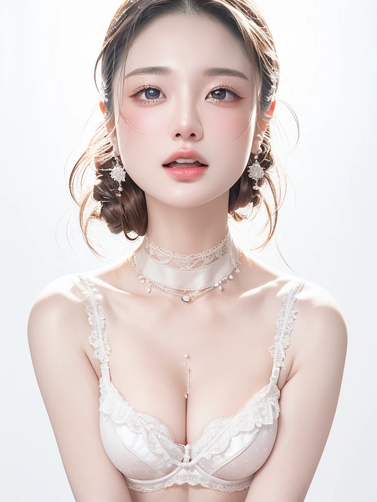 White Background、Professional Lighting、(((Professional Lighting 1.5)))、Translucent skin texture、Beautiful Skin、Beautiful Skin、、(((Whitening 1.5)))、White Bra、See-through、、Ecstasy of Musical Notes、((White Bra1.5))、See-through1.5、Bust up photo、Simple earrings and necklace、Fluttering Hair、