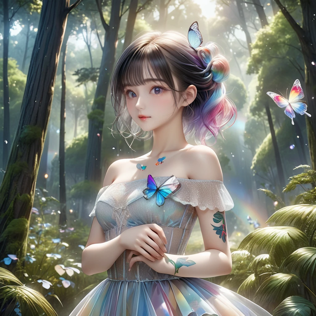 RAW Photos:1.2, masterpiece, Highest quality, 16K, Unbelievably absurd, Very detailed, Perfect beauty, Beautiful cute girl, A sheer dress, Off the shoulder, Strapless, Rainbow gradient, Tattoo butterfly arm, forest,
