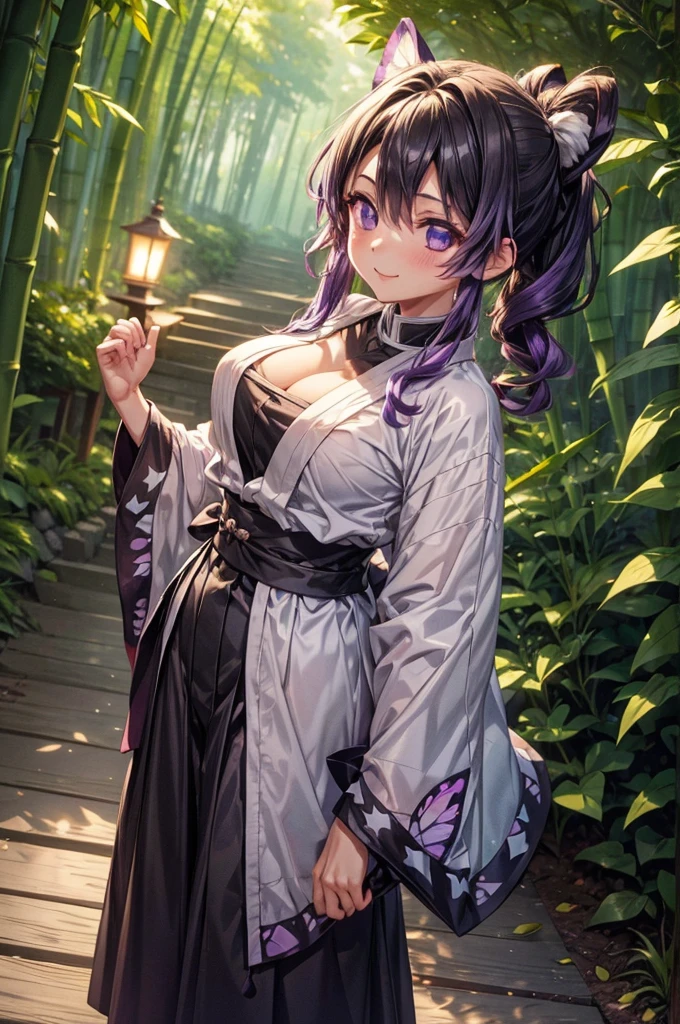 Solo, Kocho Shinobu, Shinobu Kocho \(Demon Slayer\), Tied-Up Hair in a Messy Bun, Black Wavy Hair, Purple Hair Tips, Lightless Eyes, Lavender-Black Coloured Eyes, Busty Chest, Large Breast Size, Wide Hips, Thick Thighs, Demon Slayer Uniform, Butterfly-Patterned Kimono, Katana on Hip, Friendly Smile, Soft Blush, Waving at Camera, Standing in Dimly Lit Tori Gate Path, Bamboo Forest, Lanterns on Ground, Beautiful Lighting, Perfect Anatomy, Perfect Hands, Masterpiece, 4K Resolution