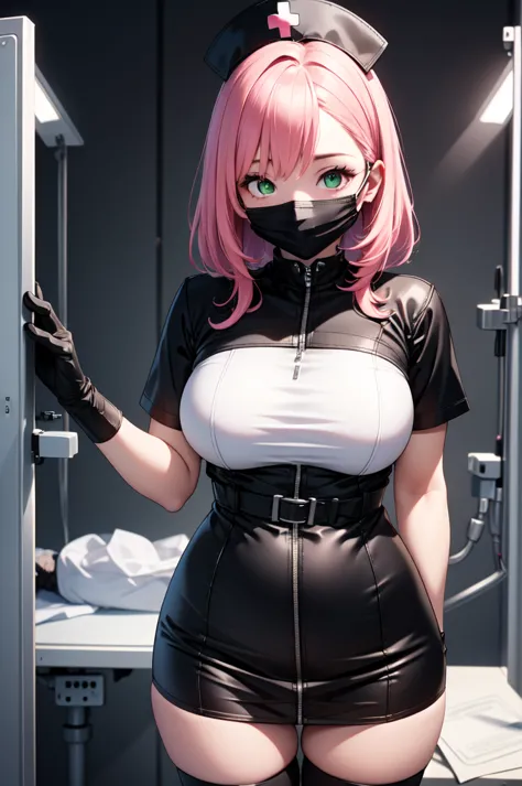 black nurse, 1girl, solo, black nurse cap, black nurse uniform, ((black legwear, zettai ryouiki)), black elbow gloves, pink hair...