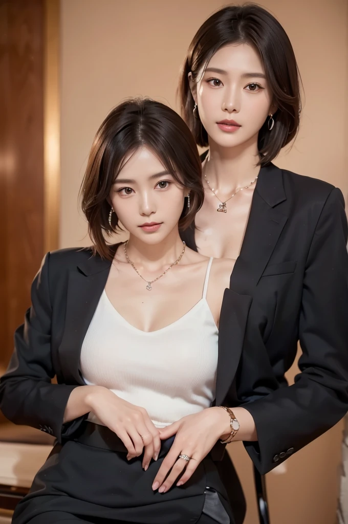 necklace, ring, watch, Earrings, (funeral:1.3), skirt, Black formal suit, whole body, slender, 40 year old Japanese, woman, Beautiful face, Highest quality, Ultra-high resolution, (realism: 1.4), Depth of written boundary, Beautiful Face, (Purelos Face_v1: 0.8), Two people, Natural Makeup,