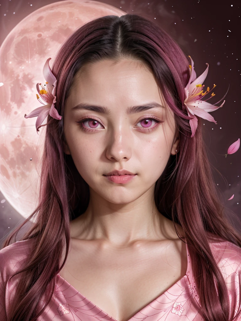 absurdres, highres, ultra detailed, HDR, master piece, best quality, Kamado Nezuko, expressive pink eyes, Kimetsu No Yaiba, 1woman, extremely beautiful, pink petals, pink lilies, pink moon, fireflies