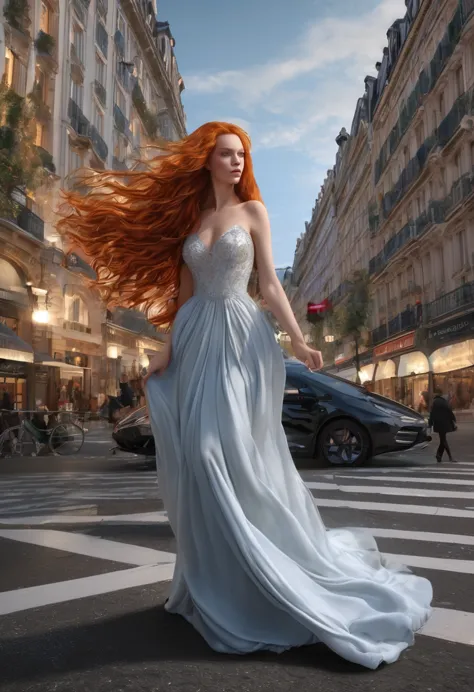 une sublime femme géante rousse marchant délicatement dans la ville ,(une sublime femme géante plus grande que les immeubles), c...