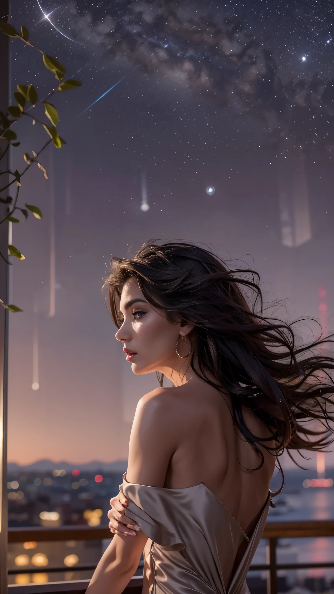 (32k:1.5, Highest quality, masterpiece, Ultra-high resolution), Professional camera work:1.6, Highly detailed skin and face textures:1.3, Captivating portrait:1.2, Very accurate, Very detailed, 1 adult female, ((Amazing night view from the rooftop:1.4, The moonlight at night illuminates my body)), (Satin Nightgown:0.7), Incredibly slim body, Sensual sitting position, sense of loss, Sadness, Expressions of sadness, (Big eyes that exude beautiful eroticism:0.4, Small face, A dreamy look:1.0, I love you with all my heart:0.8, Open your mouth a little, lipstick, Feel the beautiful eroticism:0.9), (Wet dark brown medium length hair), Candles, The chest is medium, Earrings, necklace, bracelet, (romantic, mysterious), Fair skin, elegant, Object of admiration, original, dramatic, Artistic, Innovative, Charm, Heartful, Fancy, sense of openness, sense of cleanliness, Special, exciting, Extreme, Tilt, ((Adult charm, Feminine charm, Hair blowing in the wind)