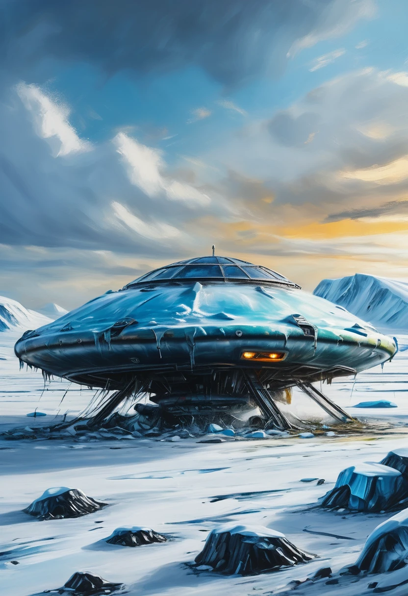 Crashed UFO in the Arctic, oil painting, extreme detail, 4k, hyperrealistic, trending on artstation