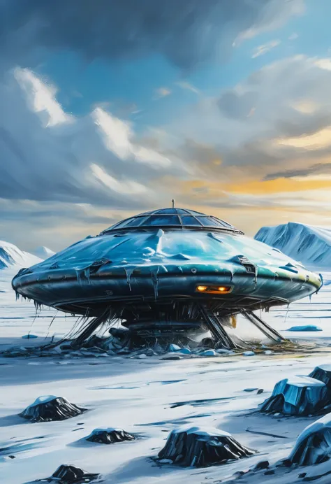 crashed ufo in the arctic, oil painting, extreme detail, 4k, hyperrealistic, trending on artstation