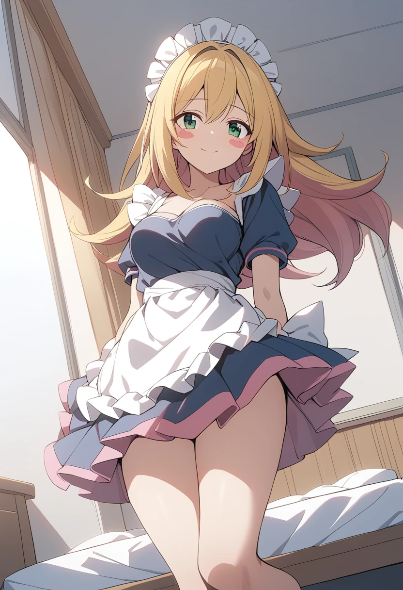 1girl,  blamagi,blonde hair, green eyes, long hair, medium breasts,blush stickers,maid,maid headdress, maid apron,
dutch angle, feet out of frame, looking away, teasing smile, dormitory, closed mouth,
masterpiece, best quality,