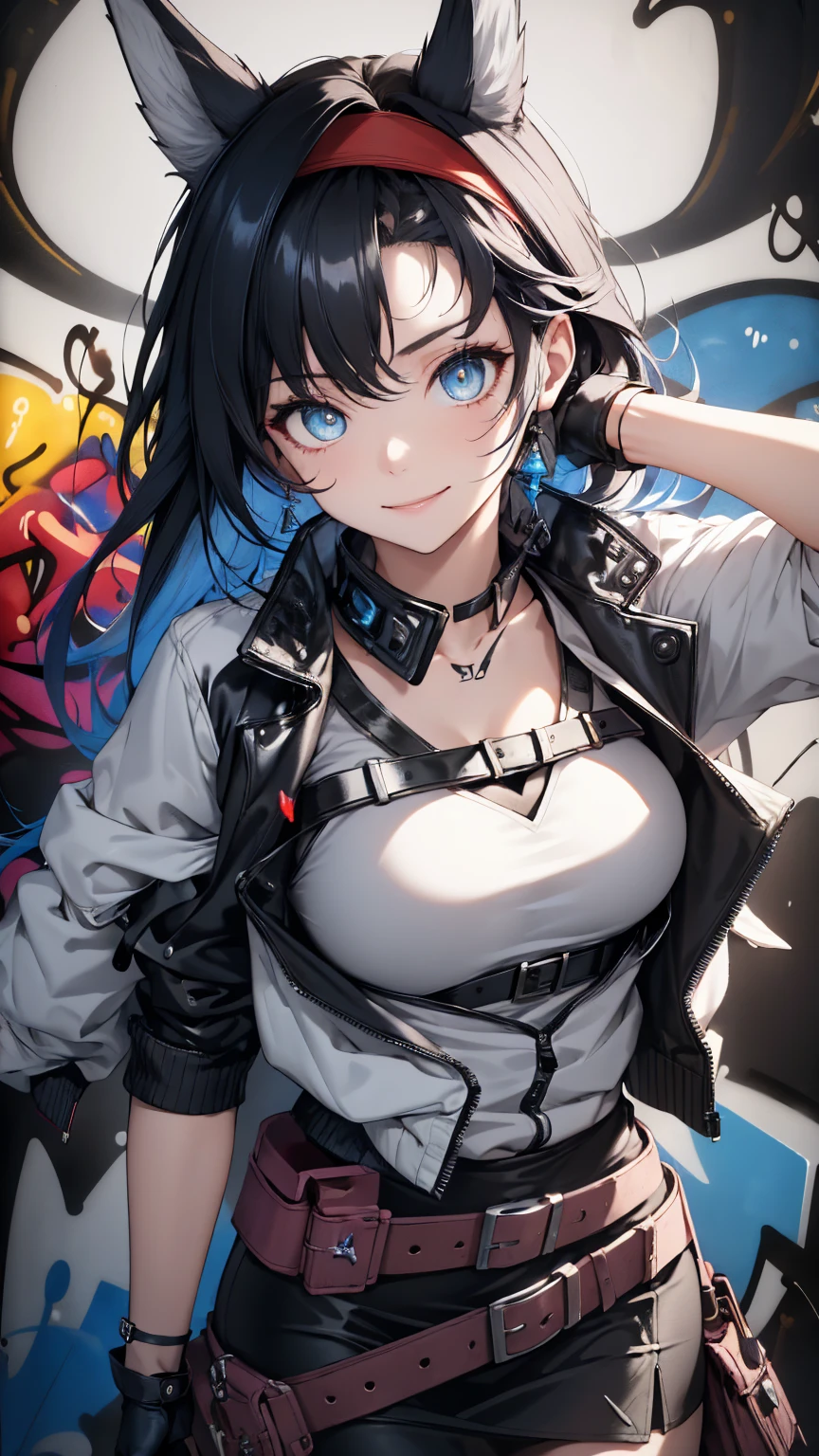 masterpiece, Best quality, 1 girl, One, BLAZE (Arknights), (graffiti:1.5), splashes of paint, рука на beltе, near the wall, Looking at the viewer, breast, split, (long hair, black hair, animal ears, Blue eyes, red hairband), (White shirt, White jacket, skirt, belt, gloves), smile, Beautiful eyes, very detailed skin, (detailed face), detailed eyes, beautiful hands, perfect hands, Paint on the body, bright colors