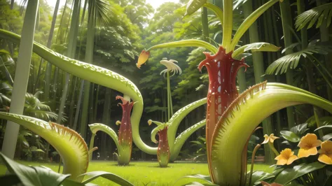 (tropical pitcher plants :1.5),with a large mouth and sharp teeth.,in the forest, landscape:1.5