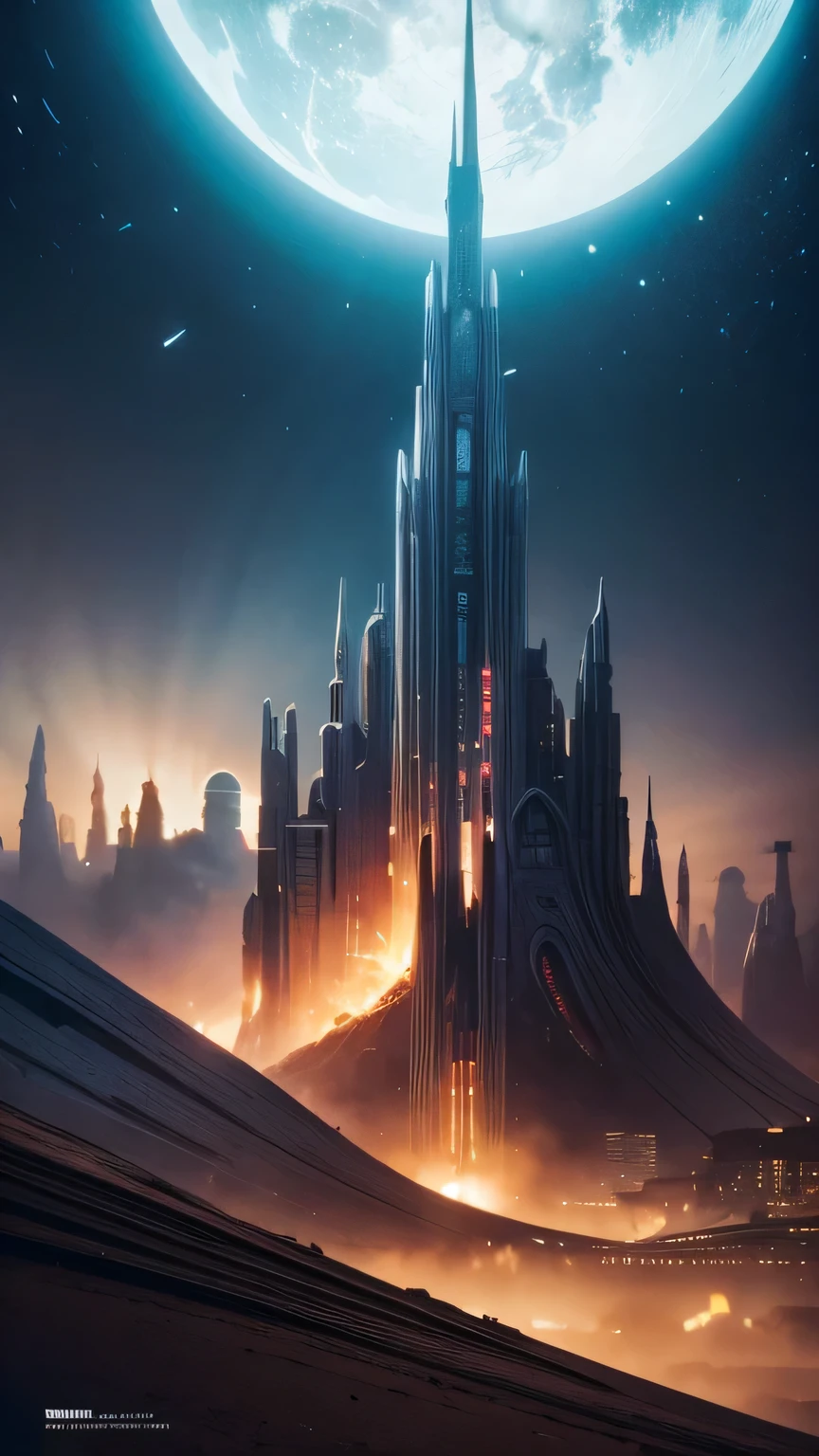 there is a painting of a futuristic city with a giant girl, jodorowsky's dune, insanely detailed matte painting, peter gric and dan mumford, intricate matte painting, jodorowsky's dune movie, style of john harris, jean giraud 8 k, hyperdetailed matte painting, intricate environments, stunning sci-fi concept art, cgsociety )  