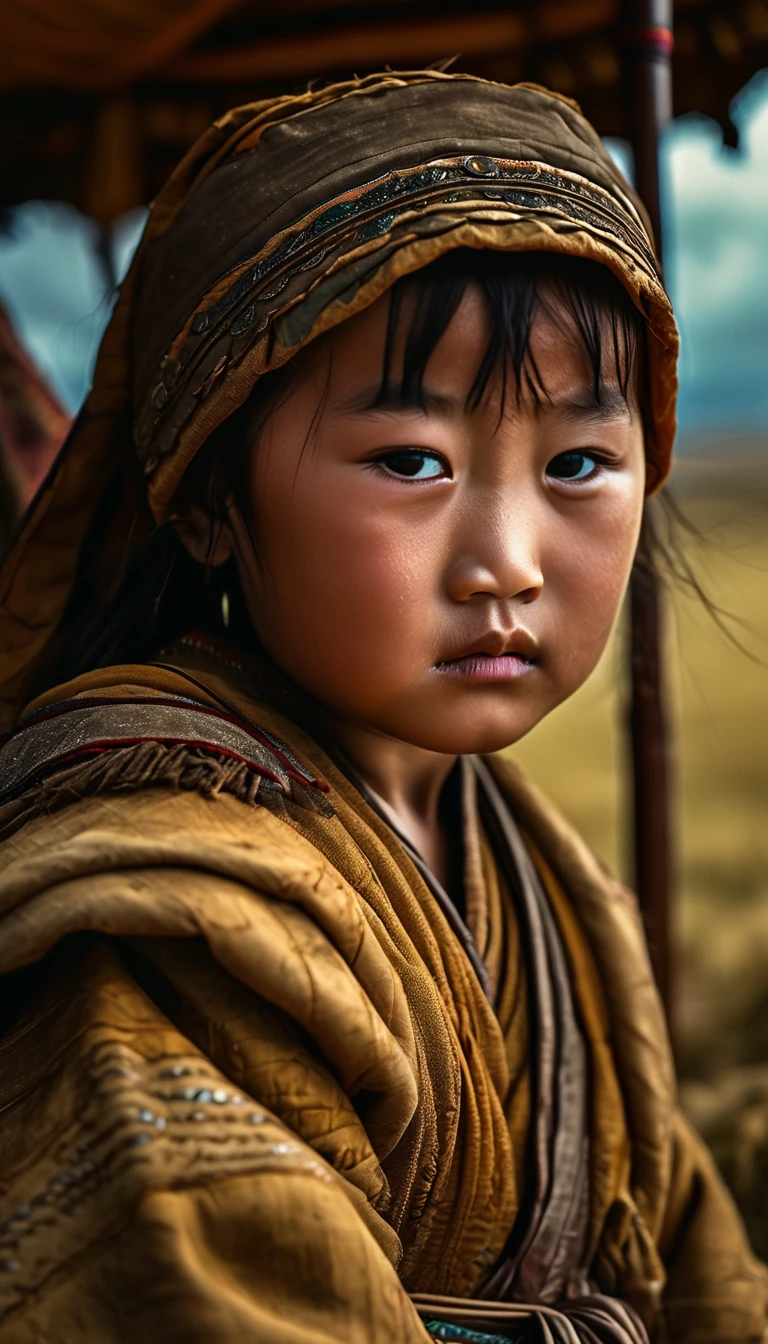 Little Genghis Khan , facing harsh weather and difficult living conditions in the steppes, background cinematic, hyper realistic, ultra detailed hyper realistic, photorealistic, Studio Lighting, reflections, dynamic pose, Cinematic, Color Grading, Photography, Shot on 50mm lens, Ultra-Wide Angle, Depth of Field, hyper-detailed, beautifully color, 8k, golden light from the front,