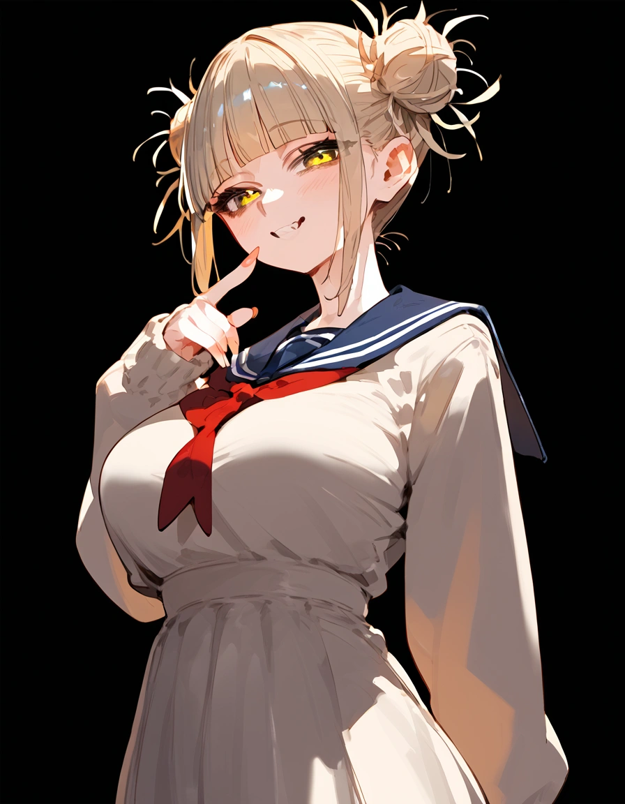 anime artwork, score_9, score_8_up, score_7_up, score_6_up, score_5_up, score_4_up, Himiko toga, big breasts, she is 24 years old, style_3, yellow eyes, black background, dress